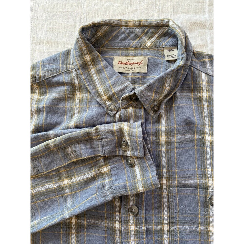 Weatherproof Vintage Flannel Shirt Mens Medium Blue Plaid Button Front Cotton